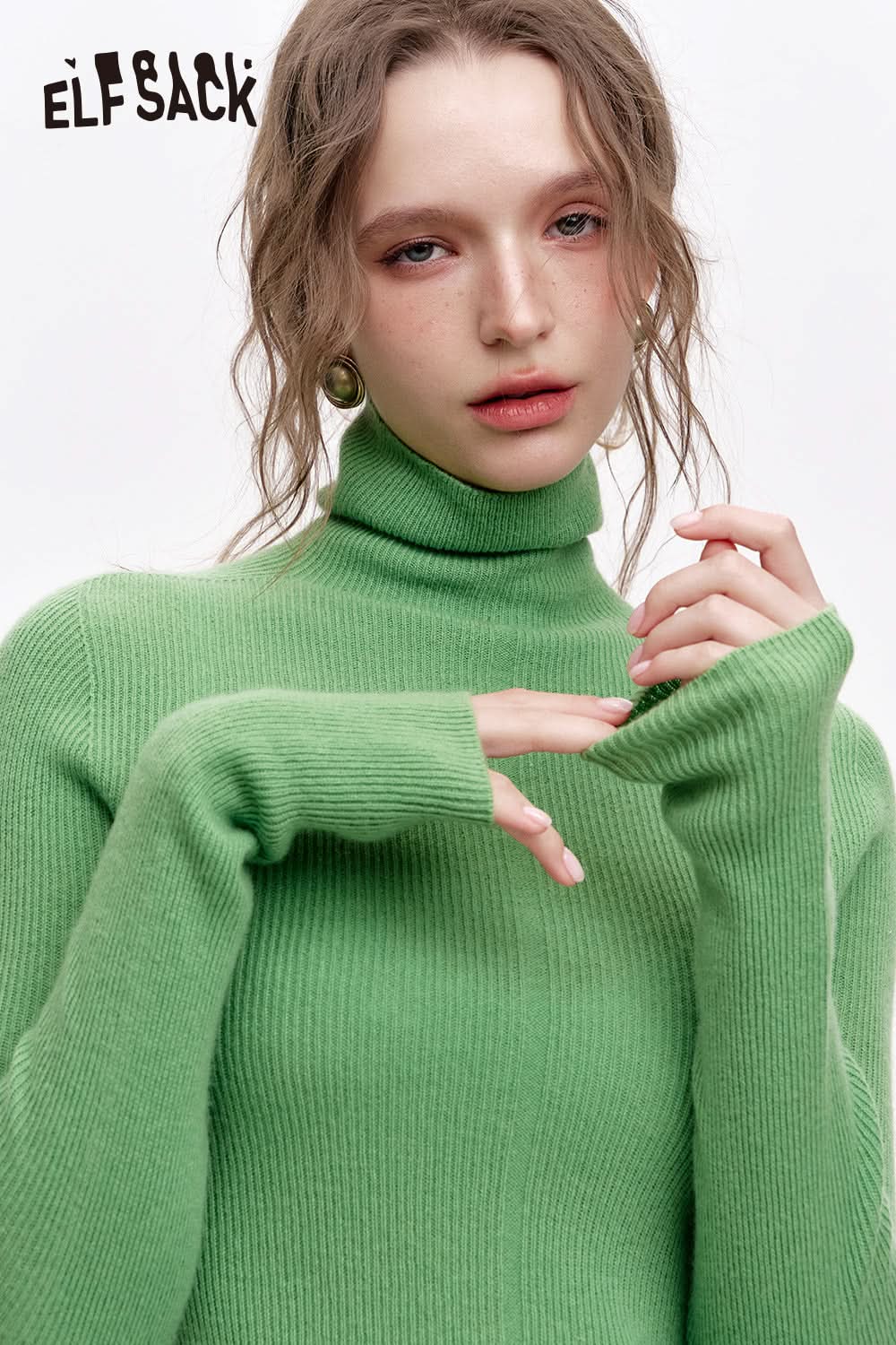 ELFSACK 100% wool high neck solid color long sleeves sweater