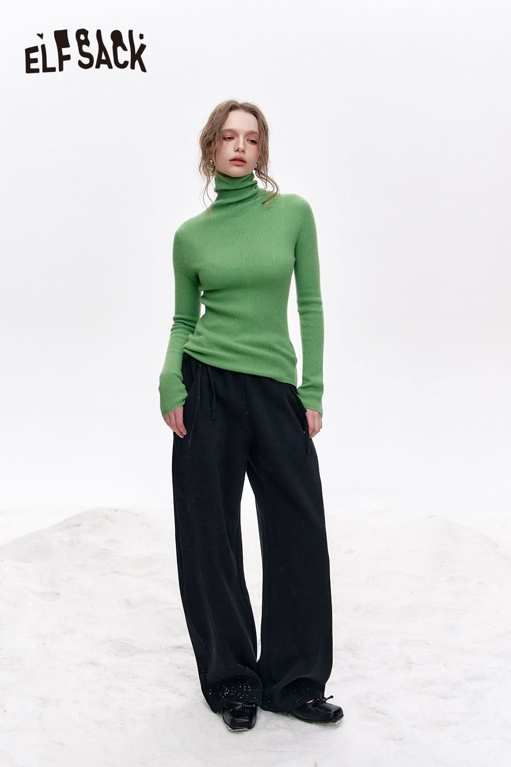 ELFSACK 100% wool high neck solid color long sleeves sweater