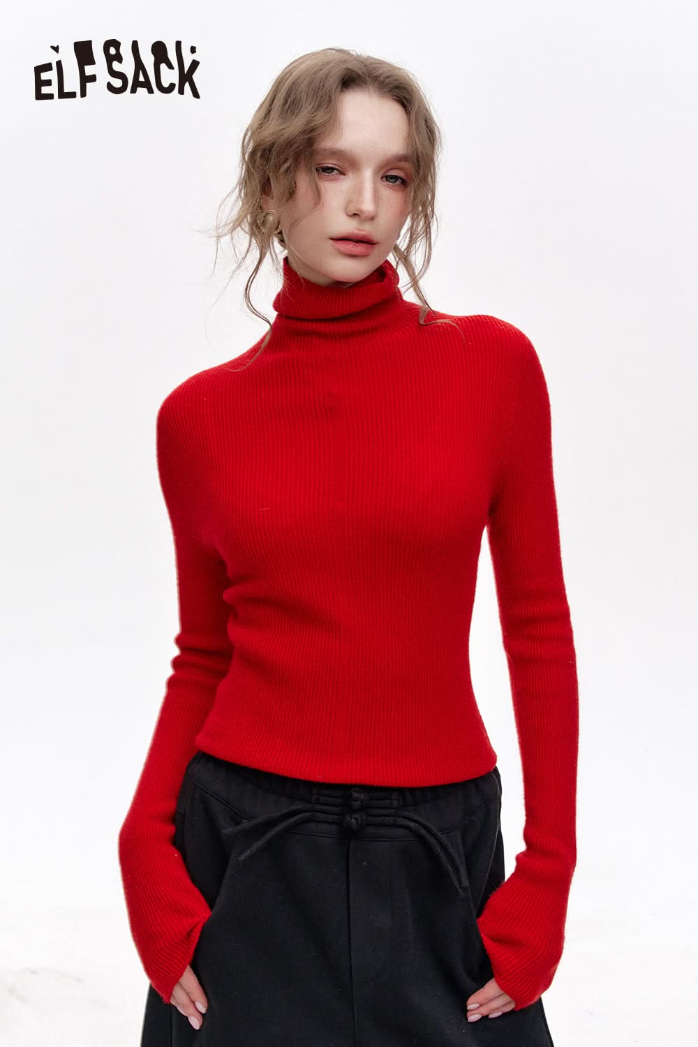 ELFSACK 100% wool high neck solid color long sleeves sweater