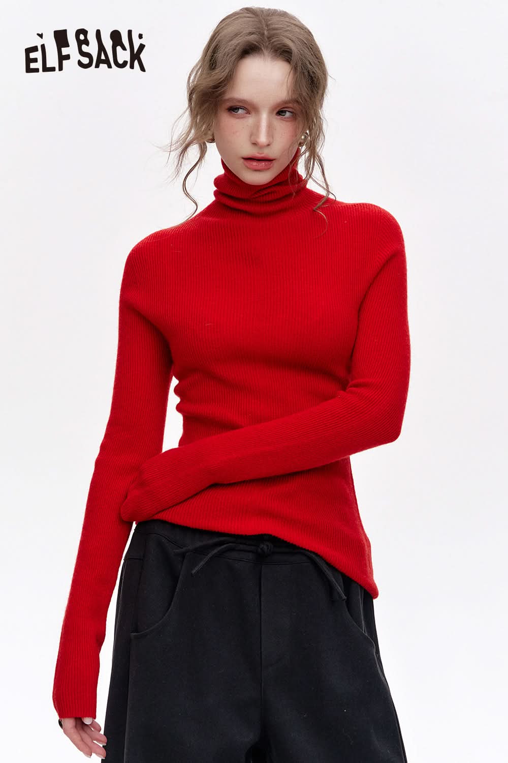 ELFSACK 100% wool high neck solid color long sleeves sweater