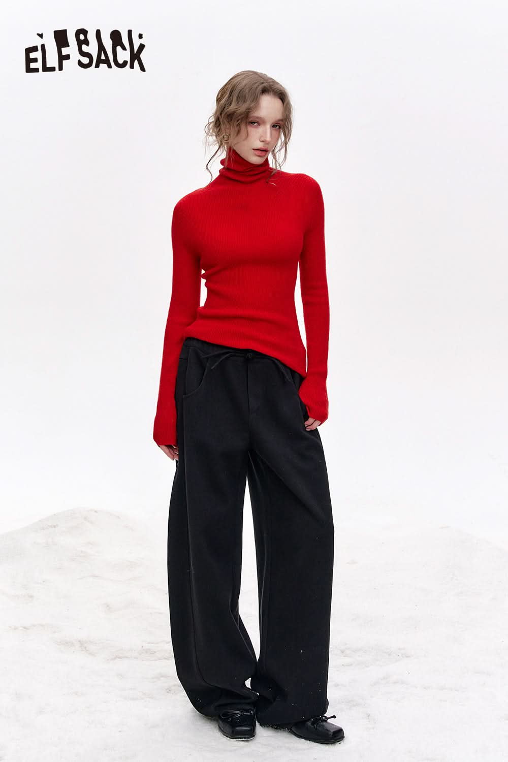 ELFSACK 100% wool high neck solid color long sleeves sweater