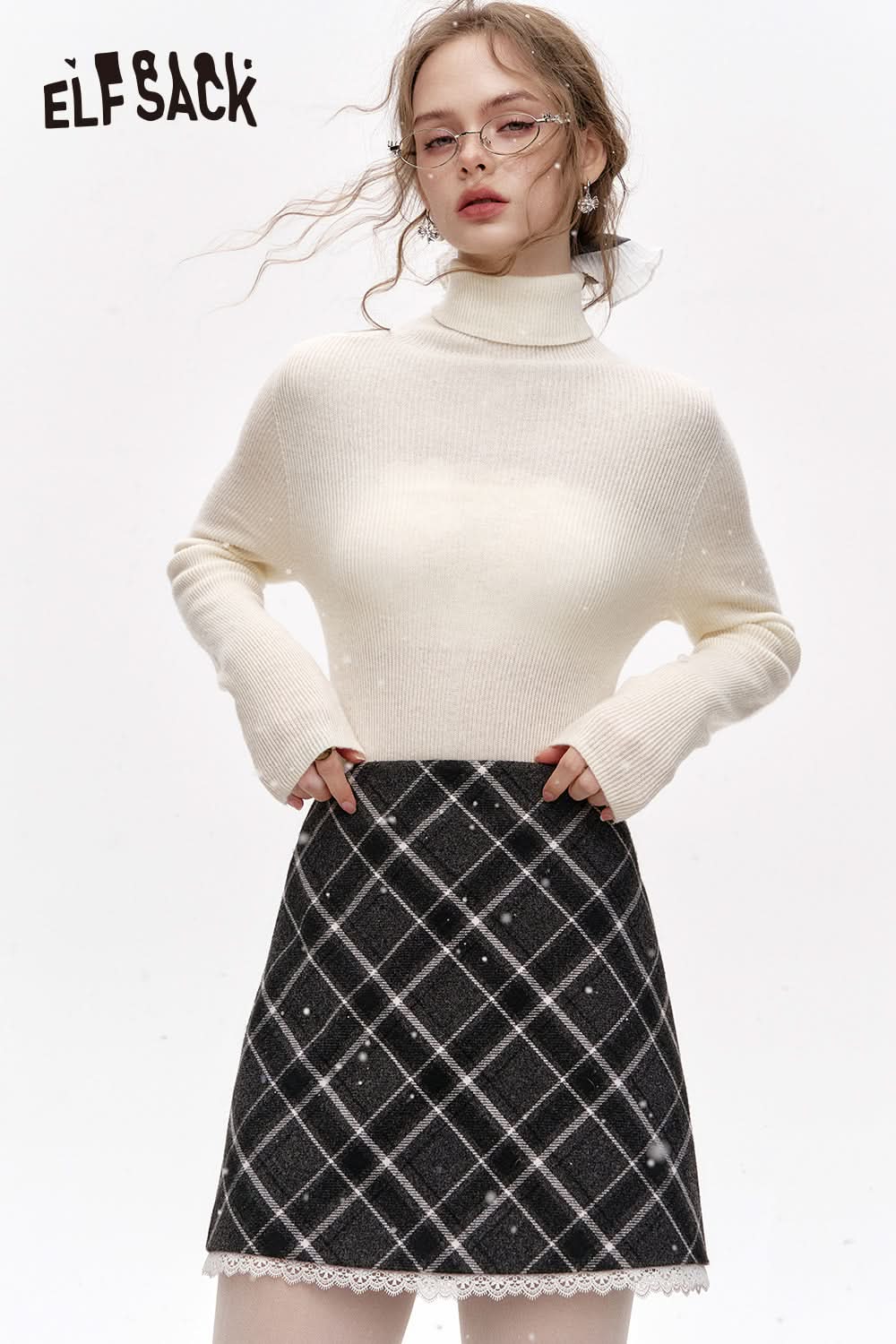 ELFSACK 100% wool high neck solid color long sleeves sweater