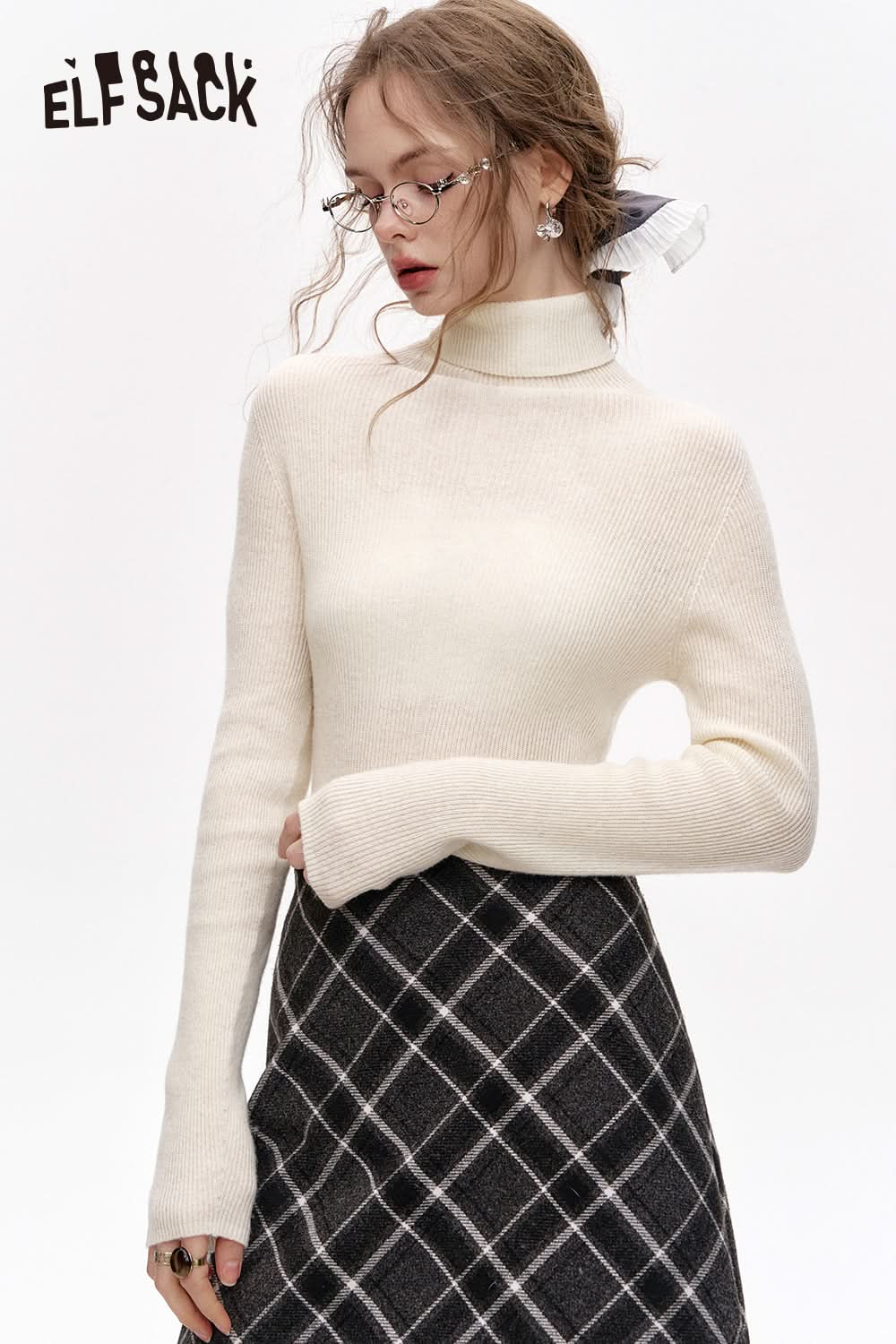 ELFSACK 100% wool high neck solid color long sleeves sweater