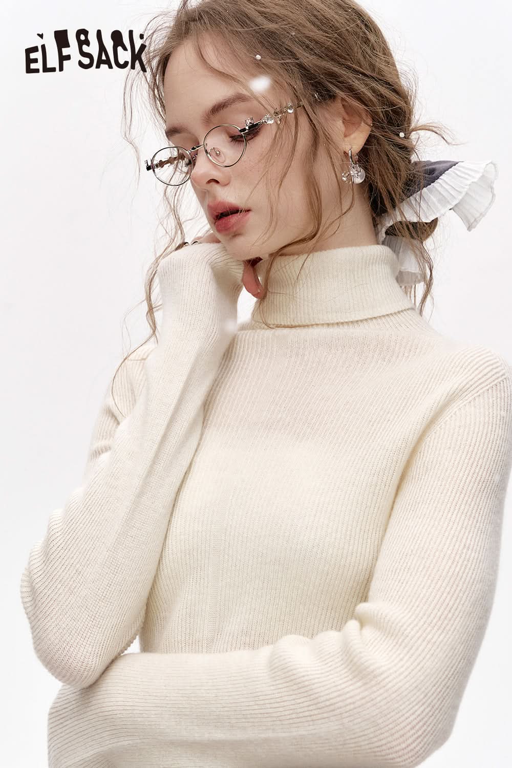 ELFSACK 100% wool high neck solid color long sleeves sweater