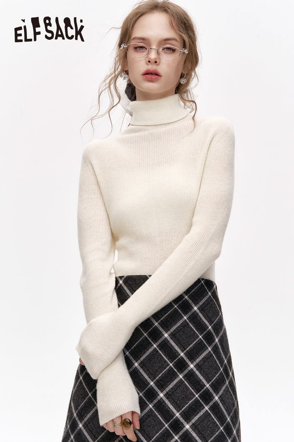 ELFSACK 100% wool high neck solid color long sleeves sweater