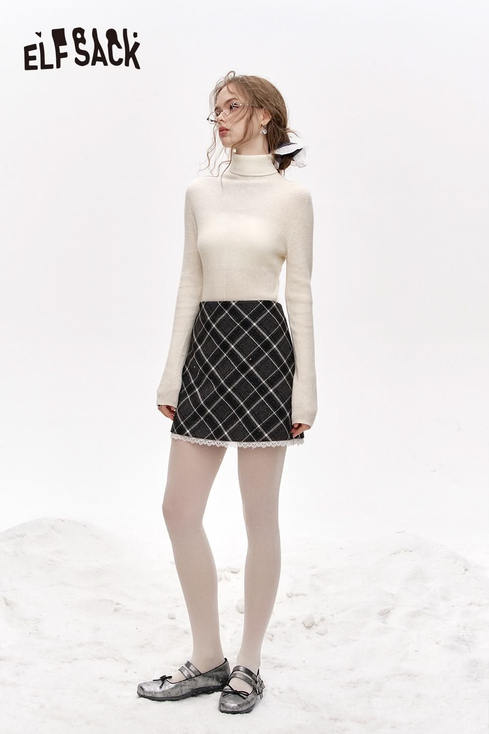 ELFSACK 100% wool high neck solid color long sleeves sweater