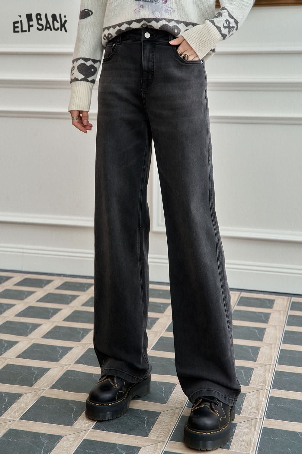 ELFSACK Versatile loose grey straight pants Retro washed wide-leg jeans