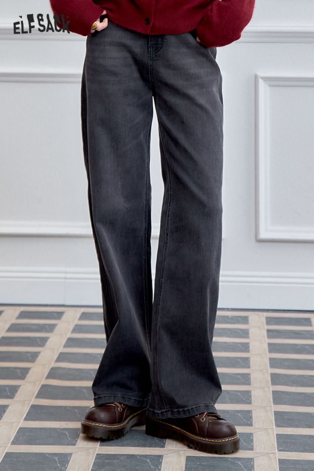 ELFSACK Versatile loose grey straight pants Retro washed wide-leg jeans