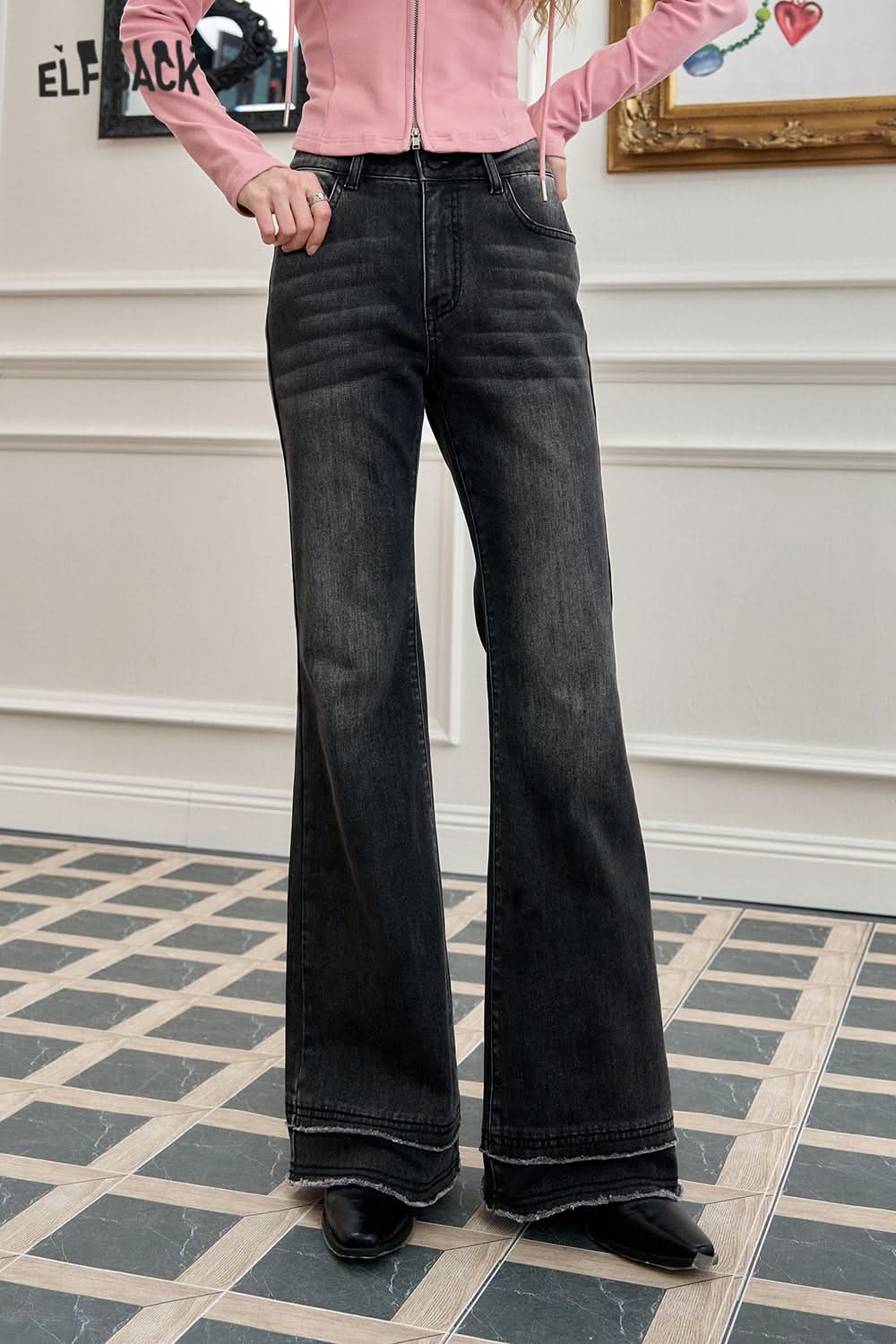 ELFSACK Hot Girl Wide Leg Pants Retro Raw Edge Flared Washed Jeans Women