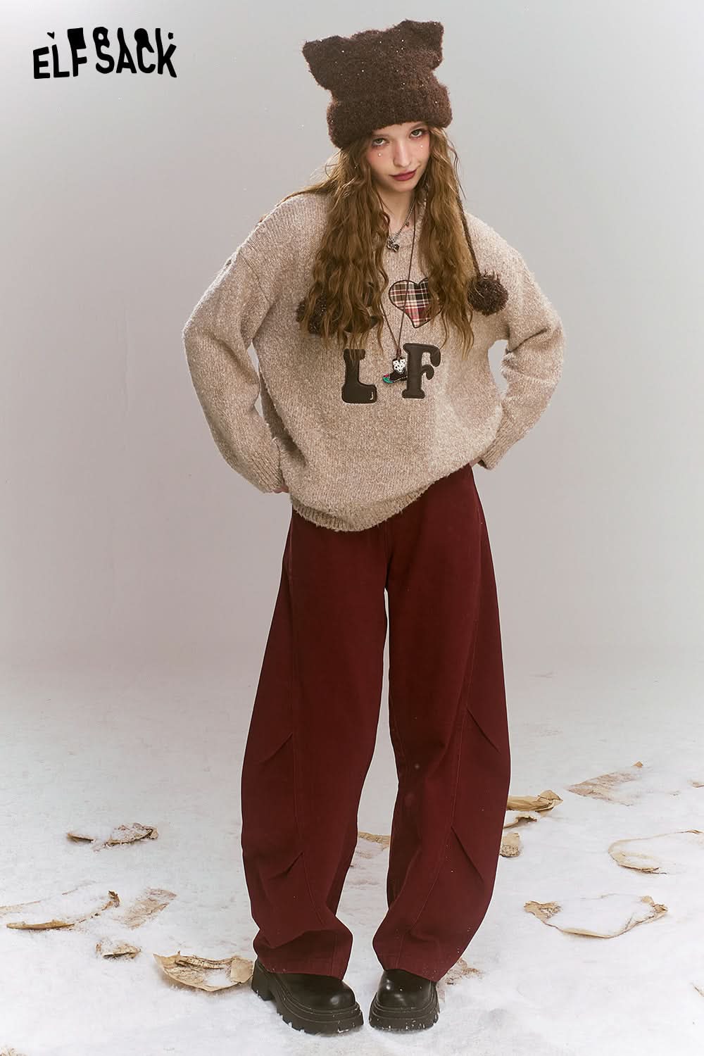 ELFSACK Loose retro trendy red wide leg jeans