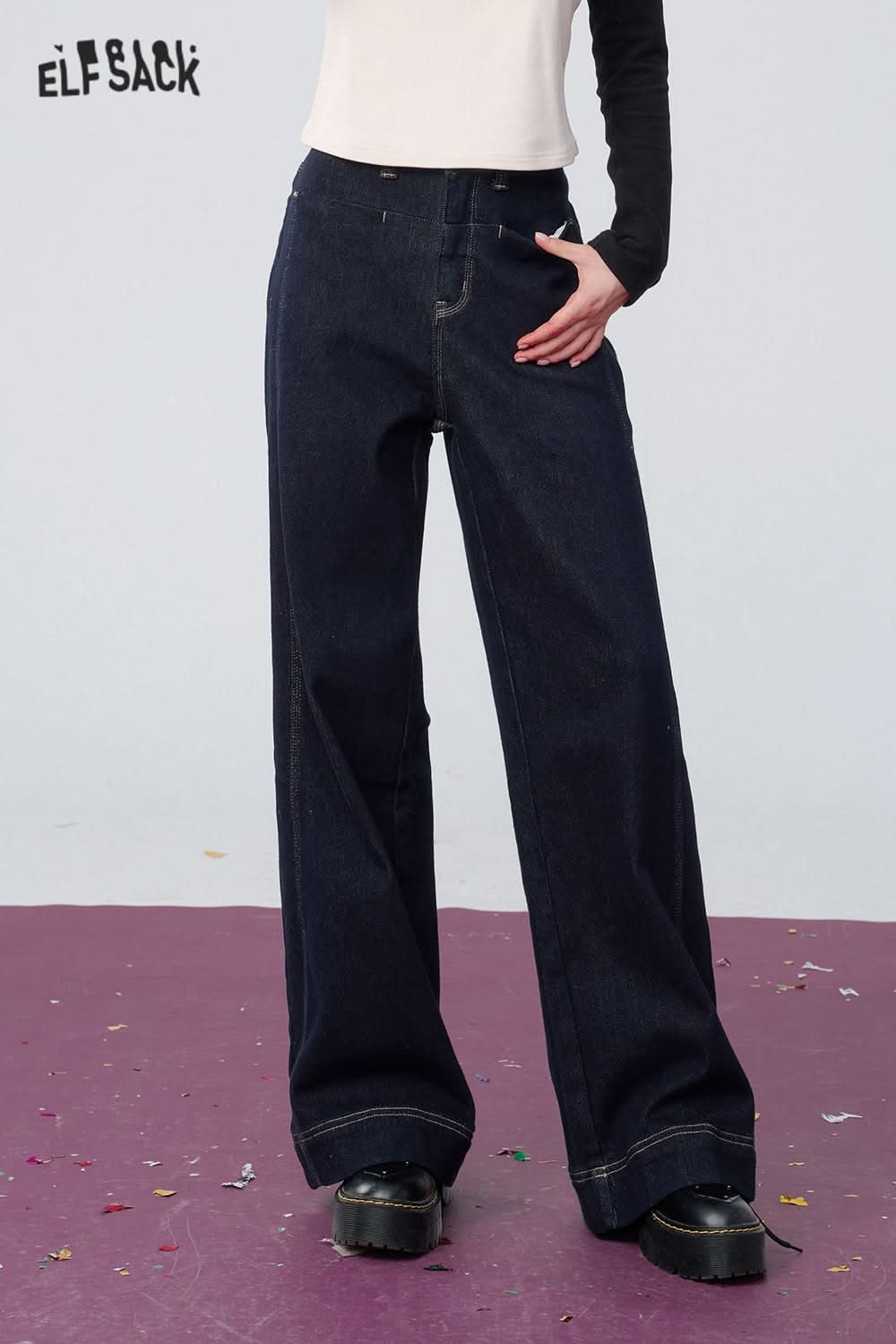 ELFSACK Dark High Waist Baggy Wide Leg Jeans Women Fashion Loose Long Pants