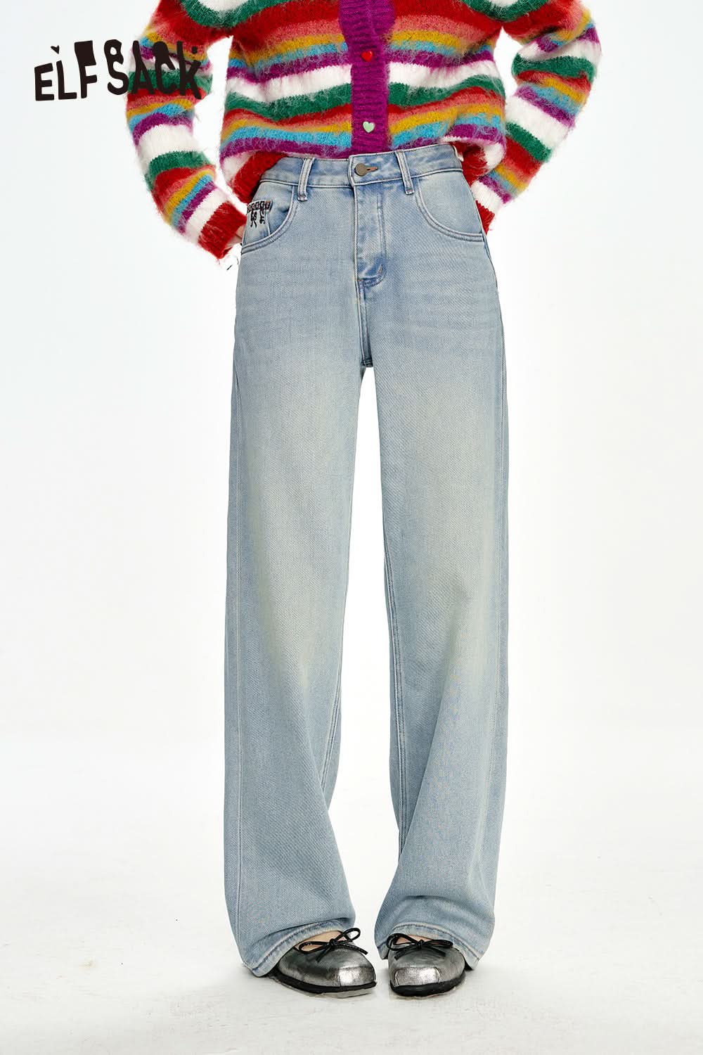 ELFSACK Bow embroidery loose straight blue jeans