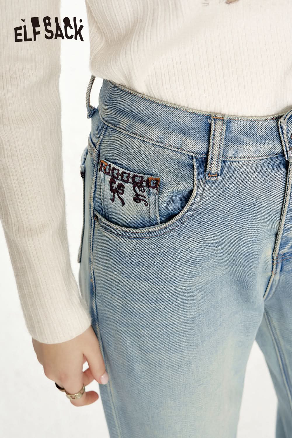 ELFSACK Bow embroidery loose straight blue jeans