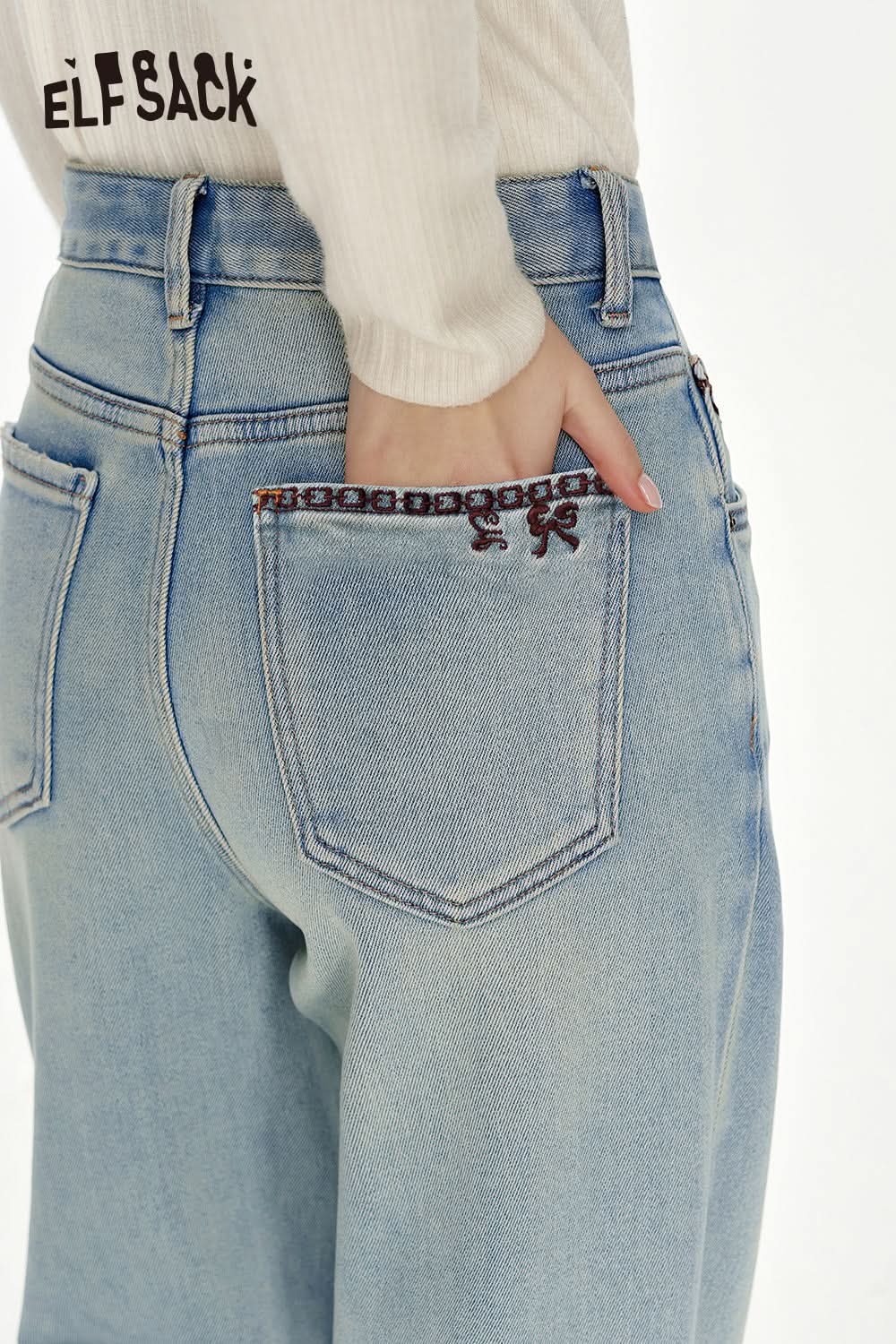 ELFSACK Bow embroidery loose straight blue jeans