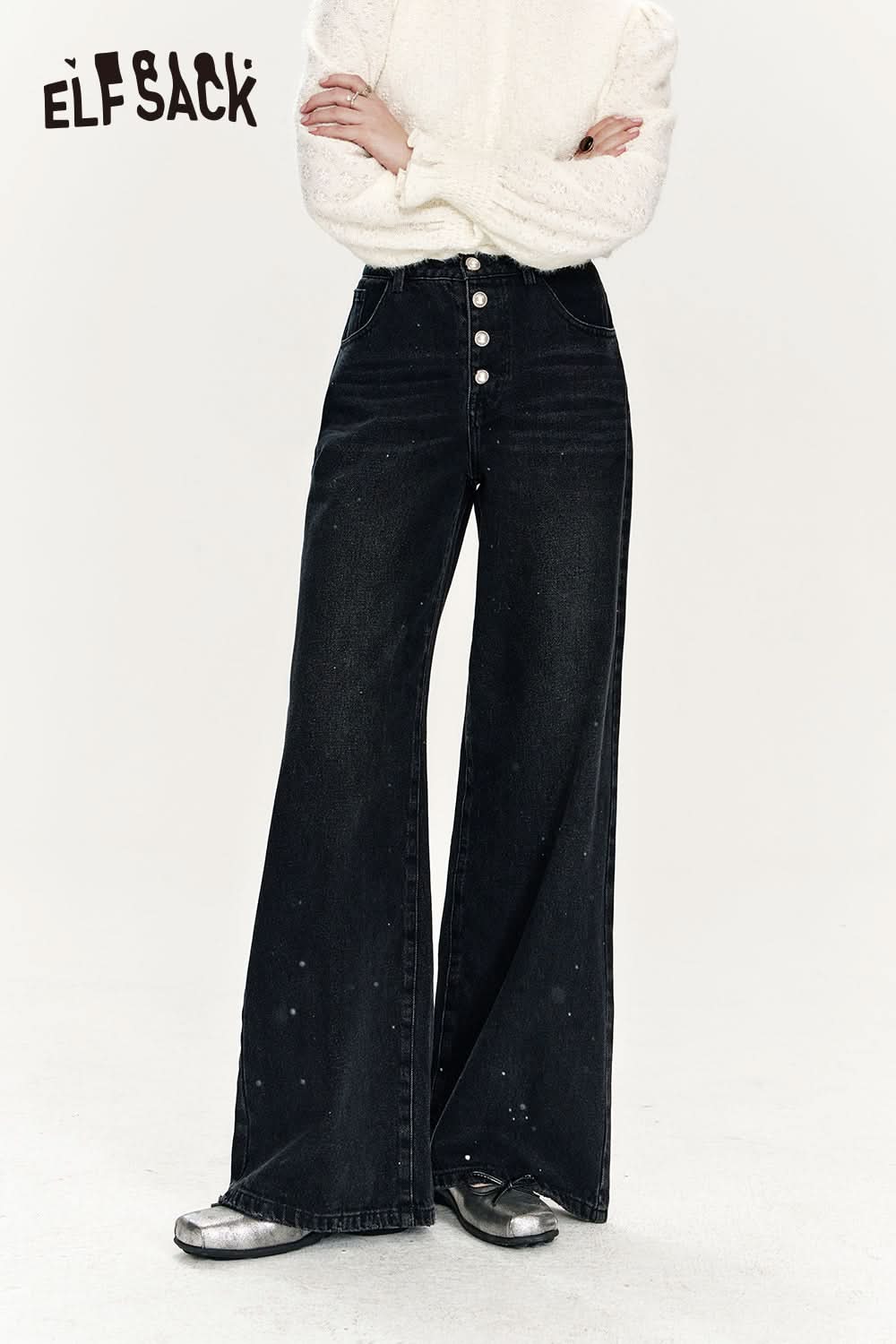 ELFSACK Pearl Button Black Loose Denim High Waist Wide Leg Pants Women