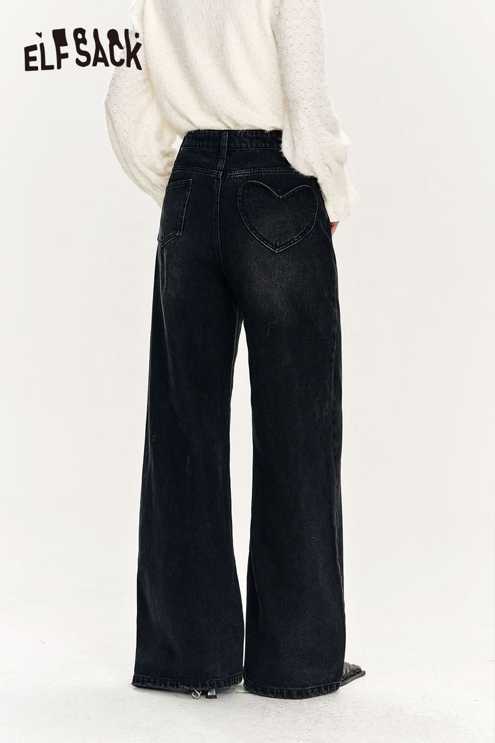 ELFSACK Pearl Button Black Loose Denim High Waist Wide Leg Pants Women