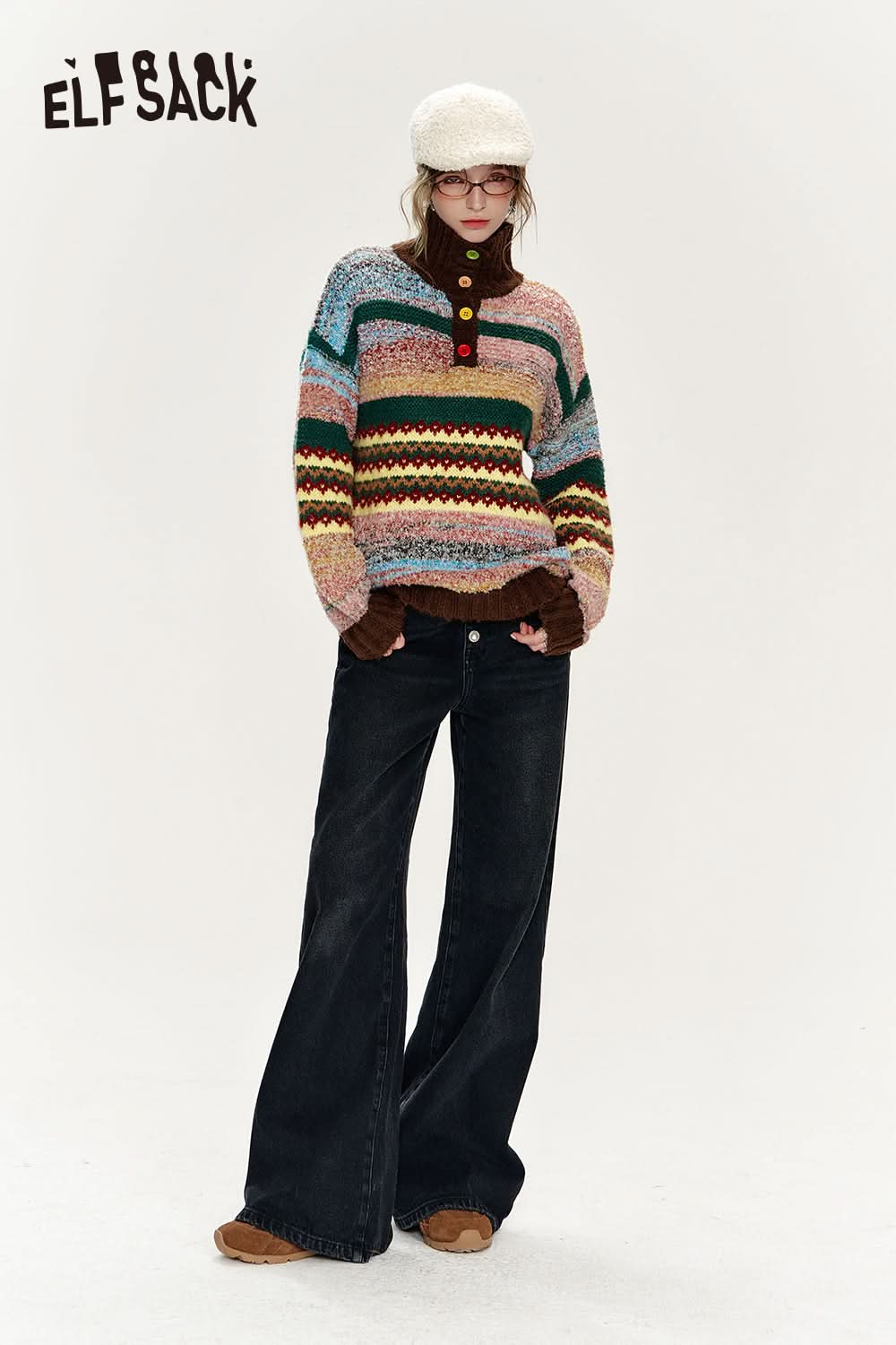 ELFSACK Pearl Button Black Loose Denim High Waist Wide Leg Pants Women