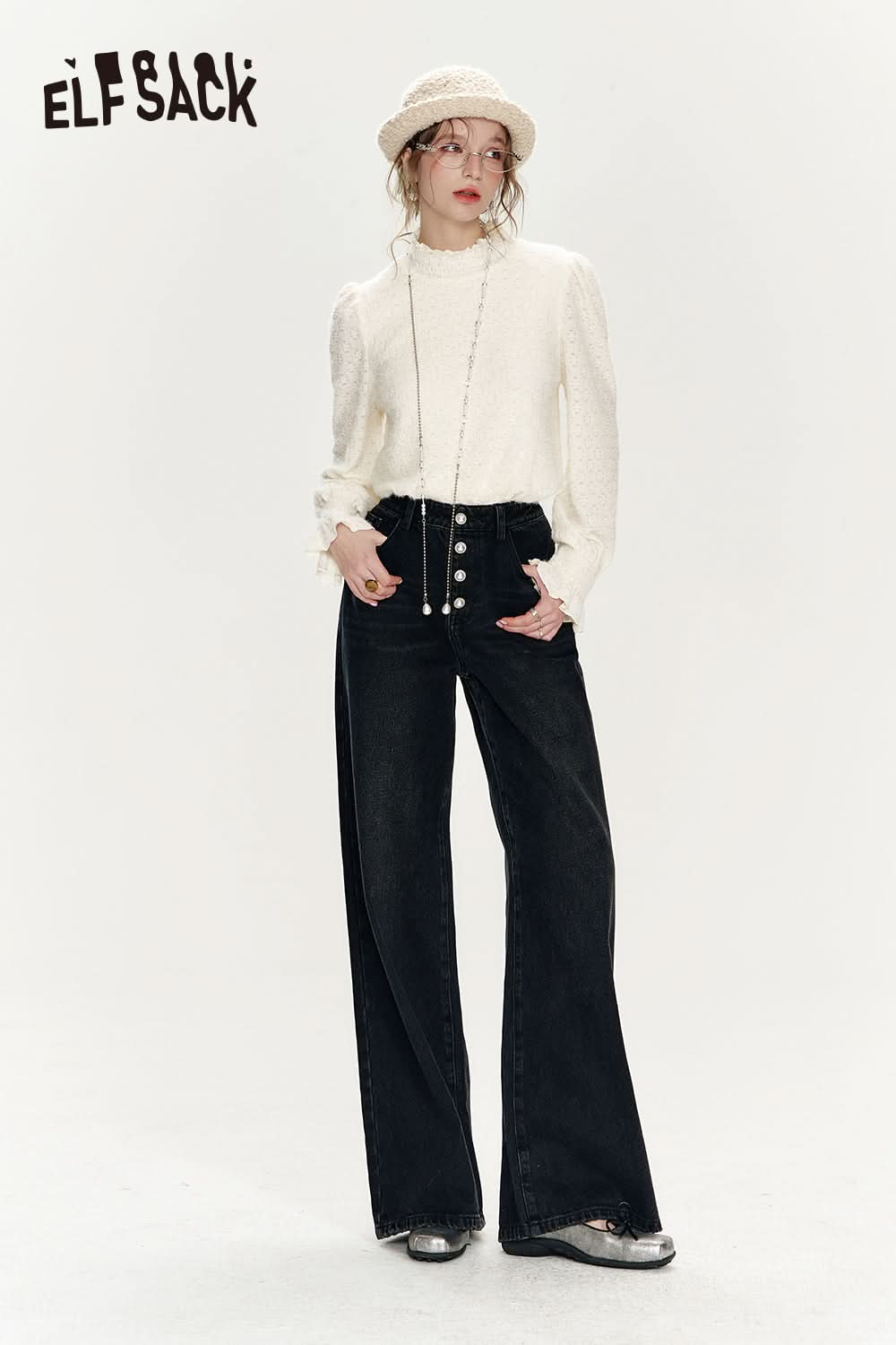 ELFSACK Pearl Button Black Loose Denim High Waist Wide Leg Pants Women