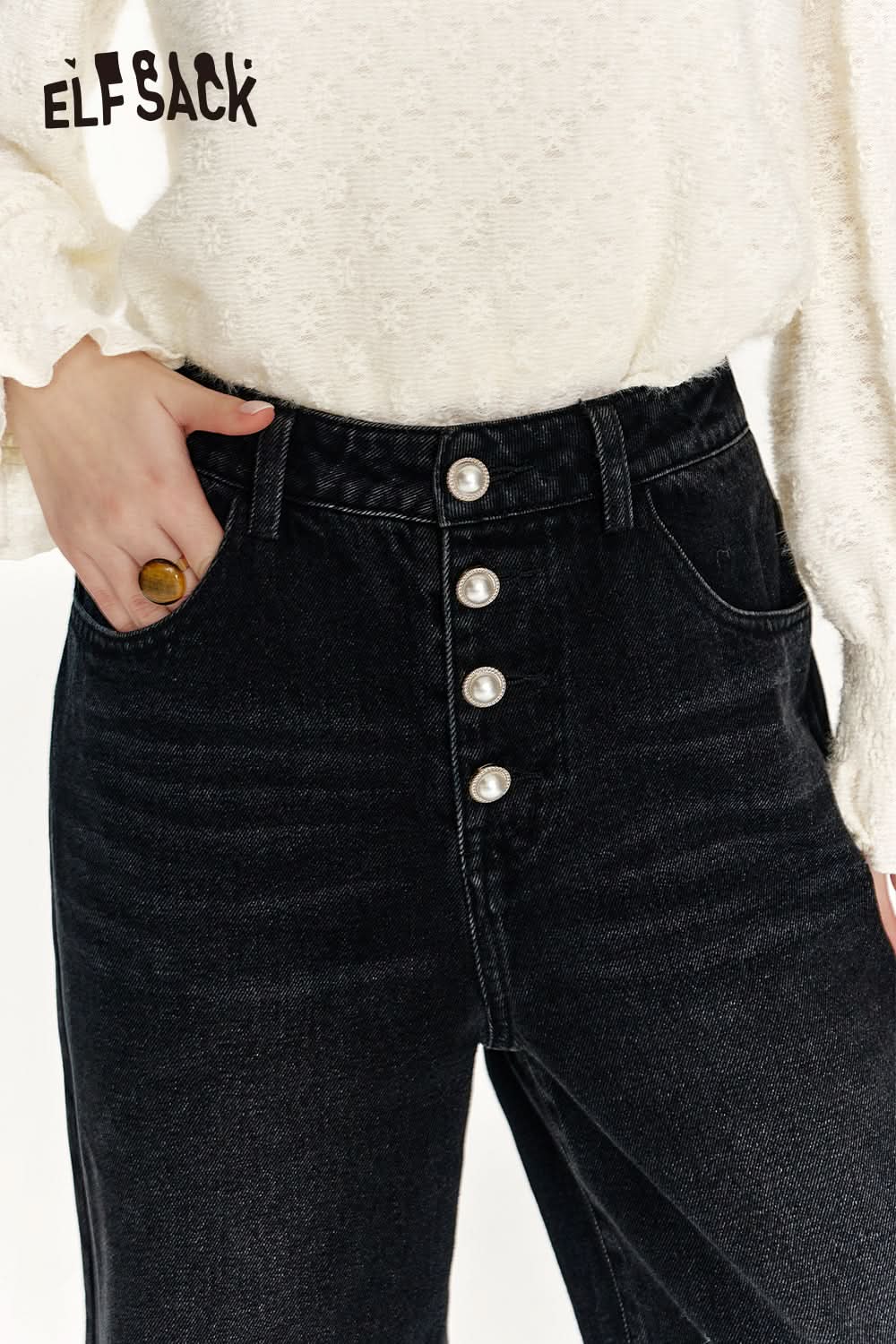 ELFSACK Pearl Button Black Loose Denim High Waist Wide Leg Pants Women
