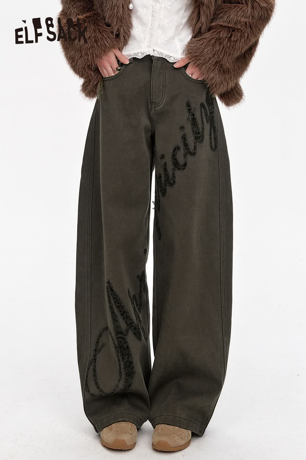 ELFSACK Lace stitching plus velvet scimitar jeans