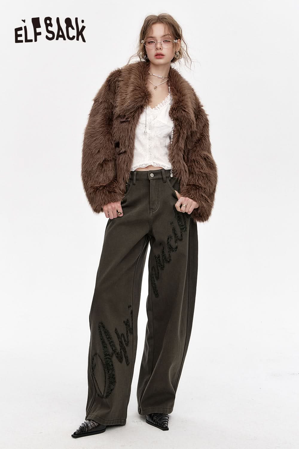 ELFSACK Lace stitching plus velvet scimitar jeans