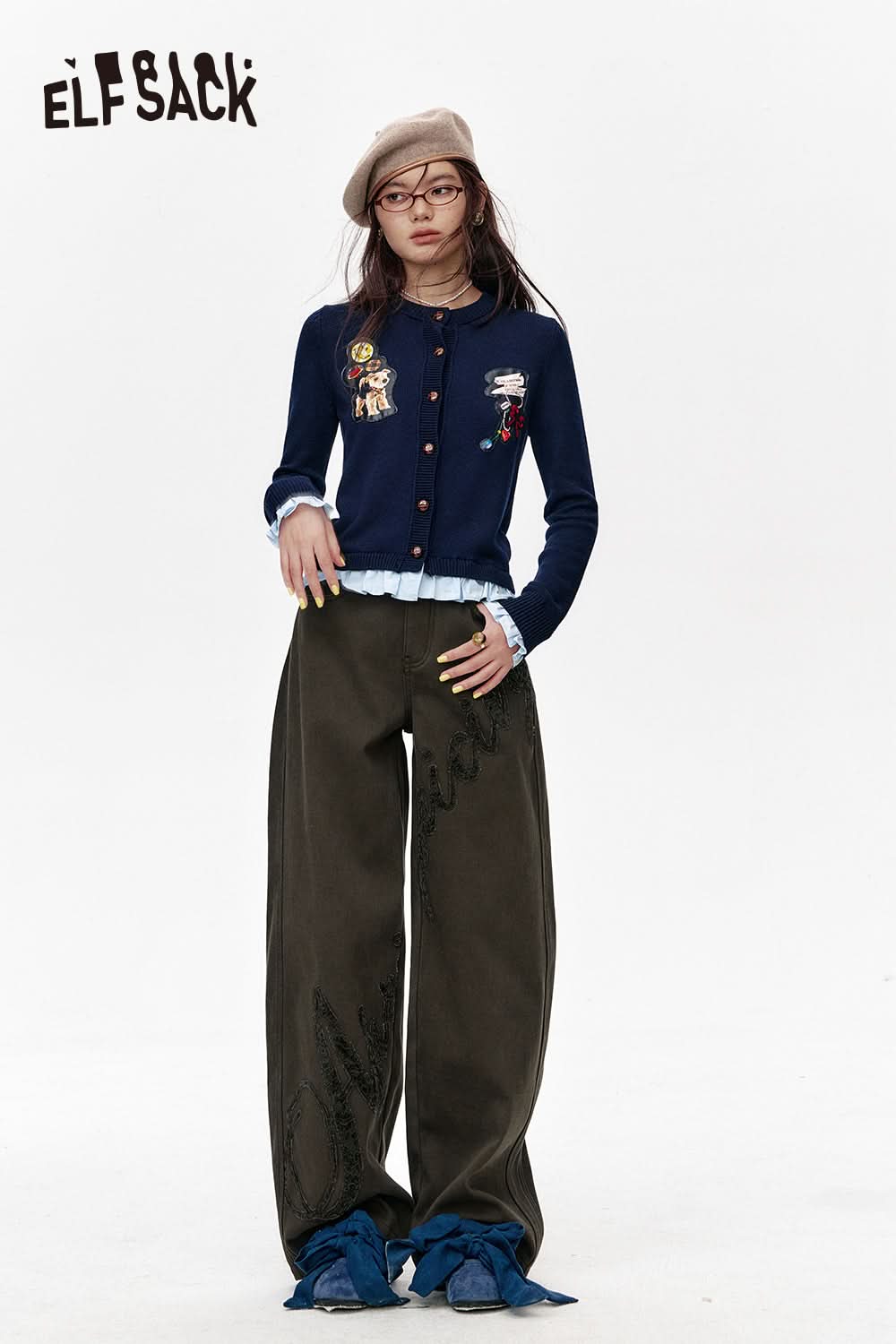 ELFSACK Lace stitching plus velvet scimitar jeans