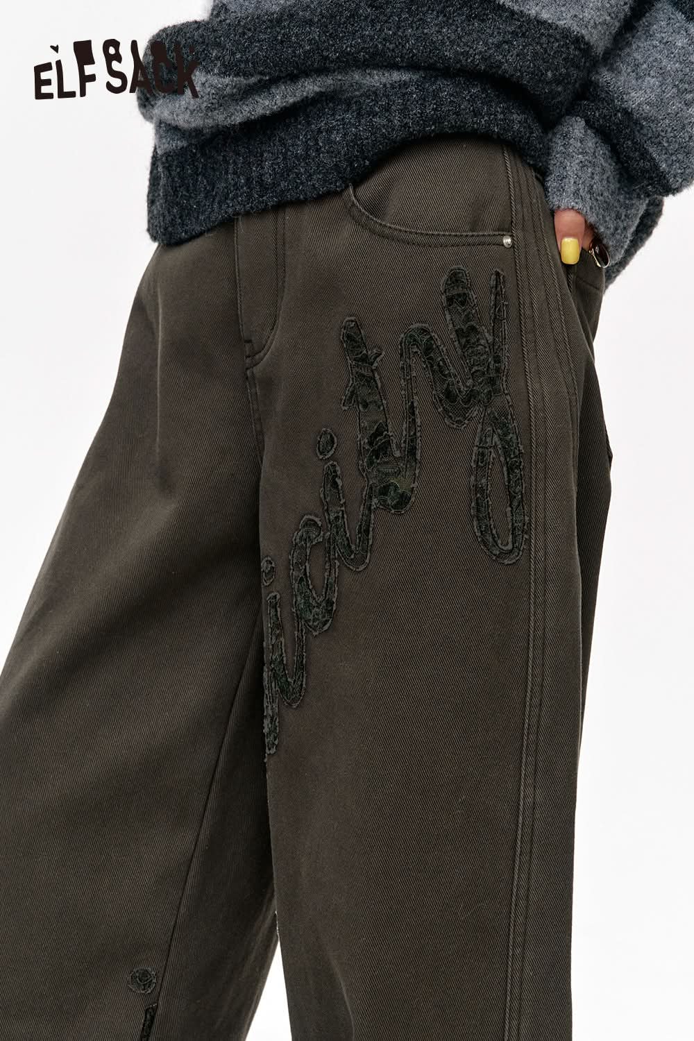 ELFSACK Lace stitching plus velvet scimitar jeans