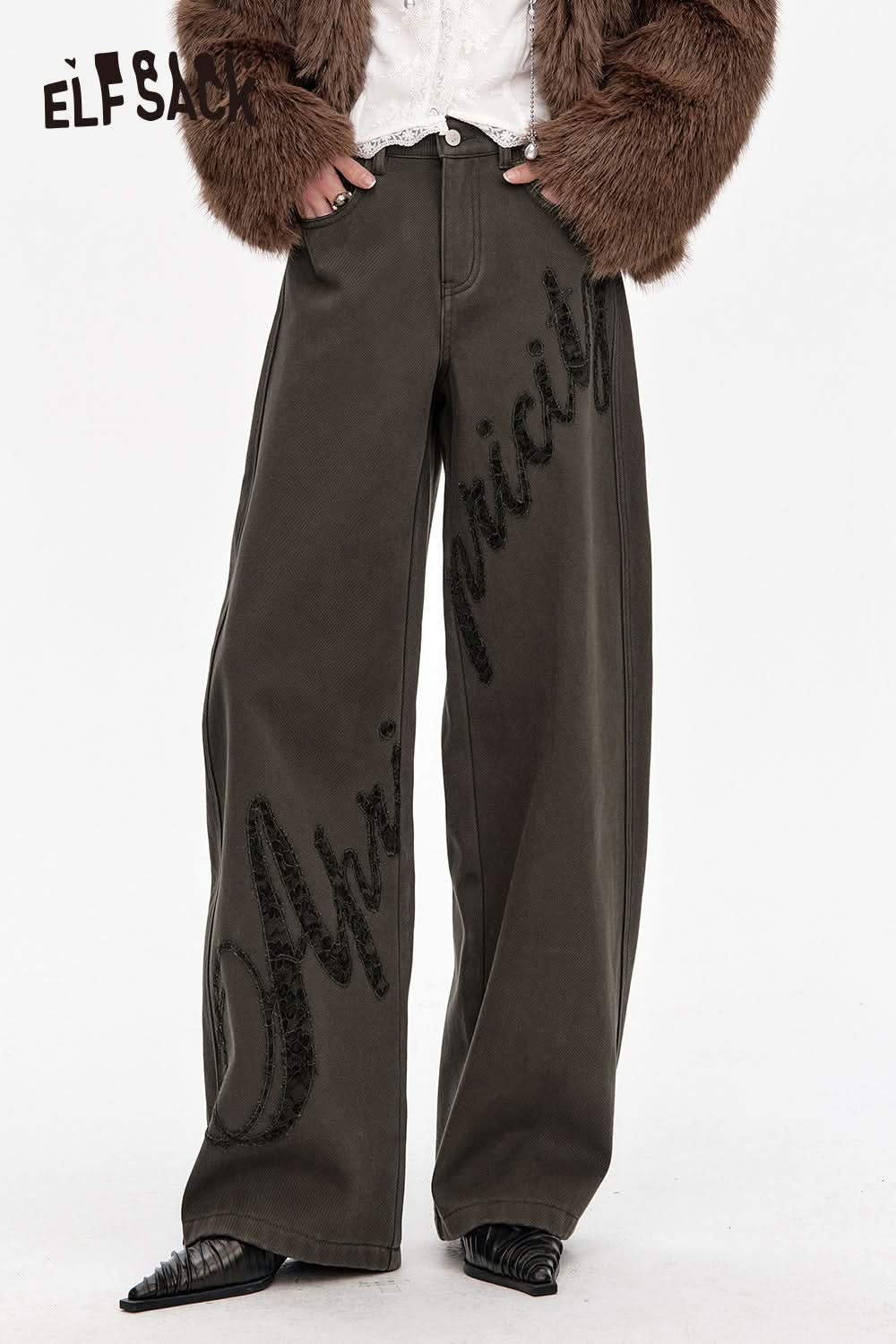 ELFSACK Lace stitching plus velvet scimitar jeans