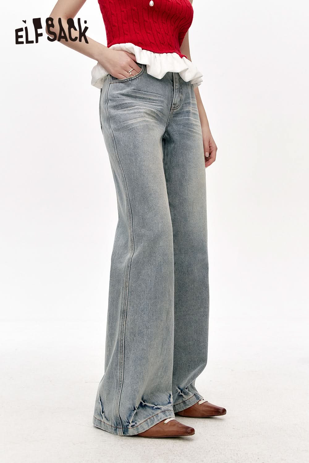 ELFSACK High waist washed slim bootcut jeans