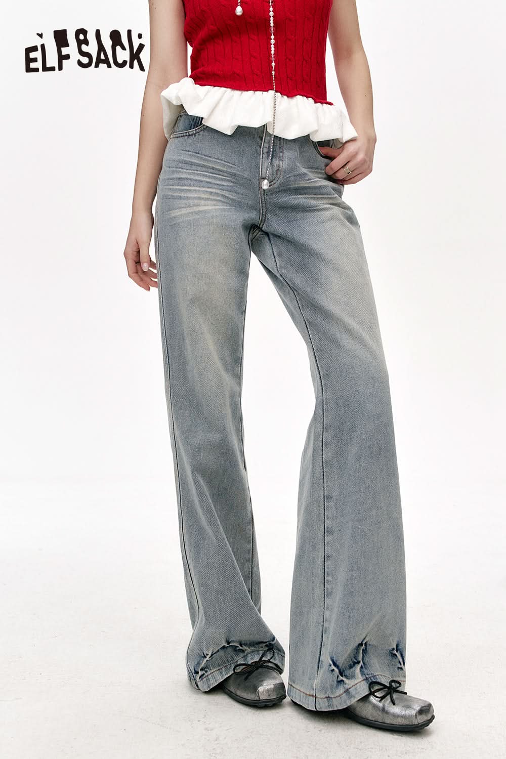 ELFSACK High waist washed slim bootcut jeans