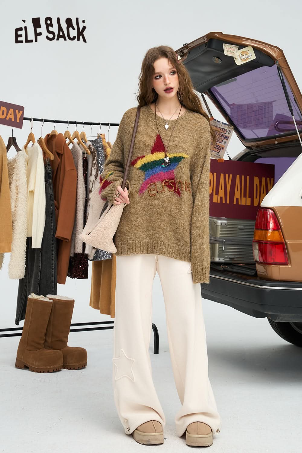 ELFSACK Loose double-sided velvet white star wide leg pants