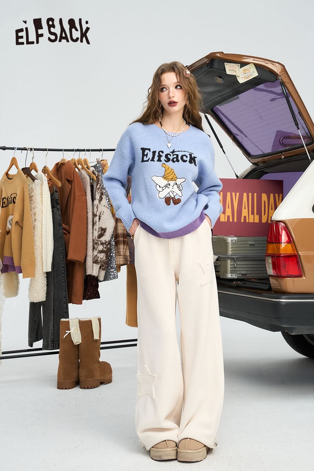 ELFSACK Loose double-sided velvet white star wide leg pants