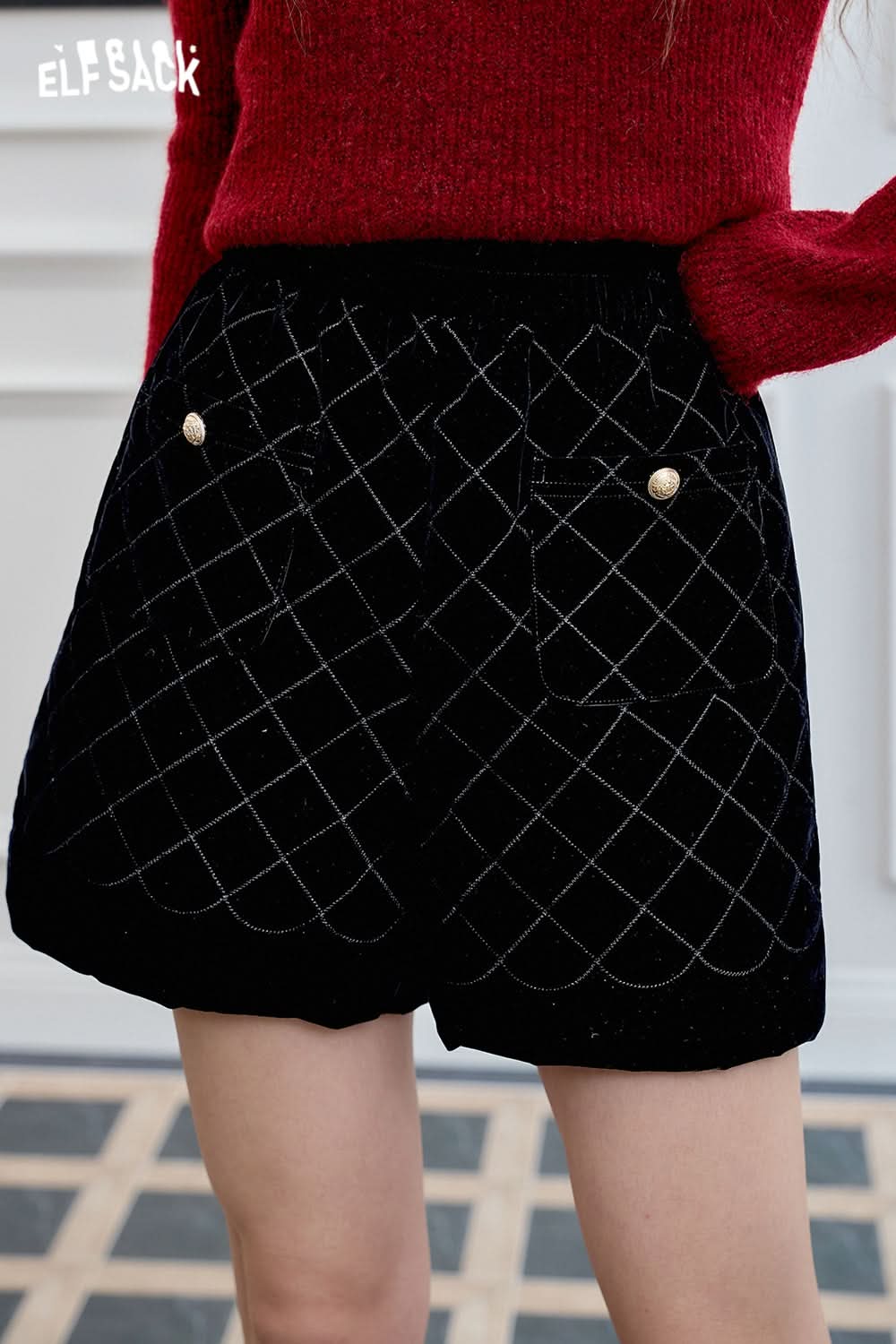 ELFSACK black diamond-shaped imitation velvet shorts, high waist, A-line versatile commuting