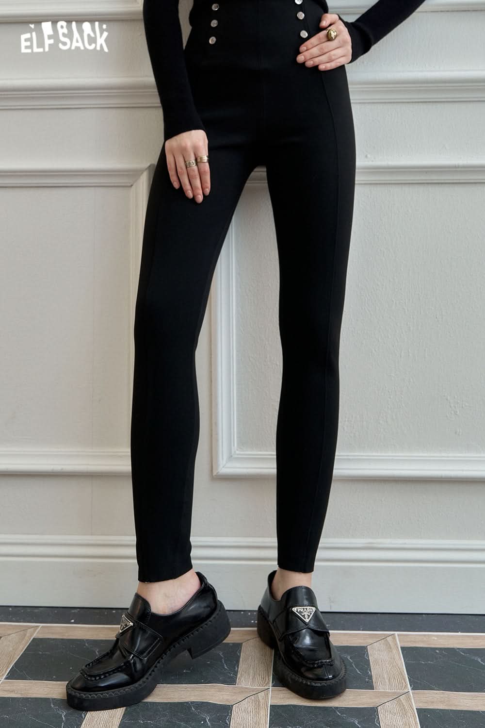 ELFSACK Black high waist tight skinny pants casual all-match slim