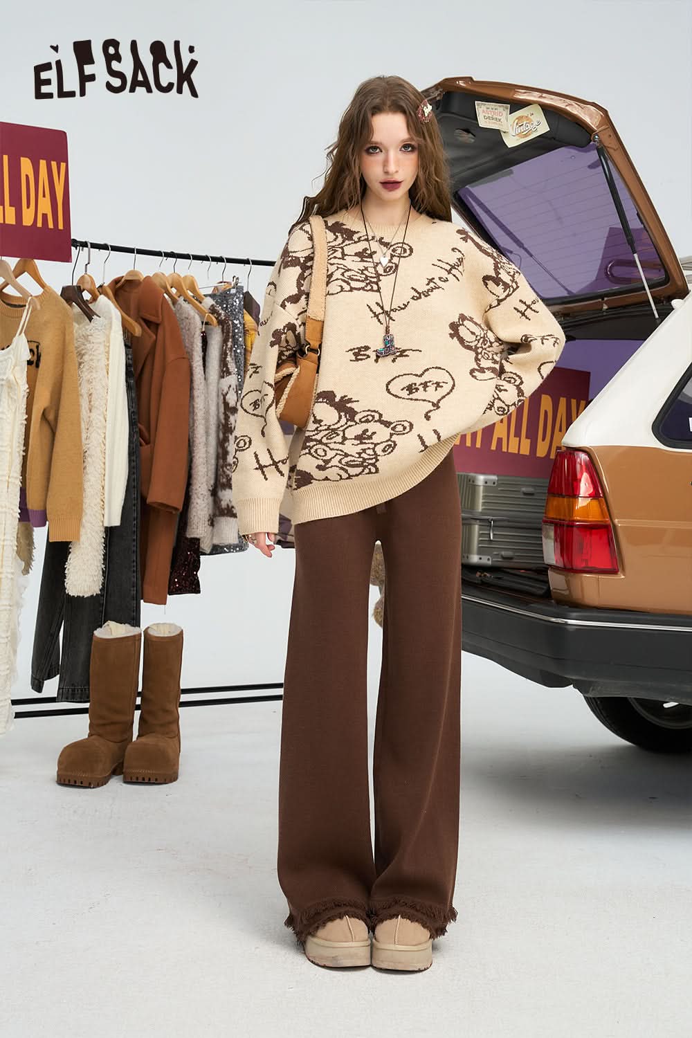 ELFSACK Tassel white casual glutinous rice pants, with a relaxed feel