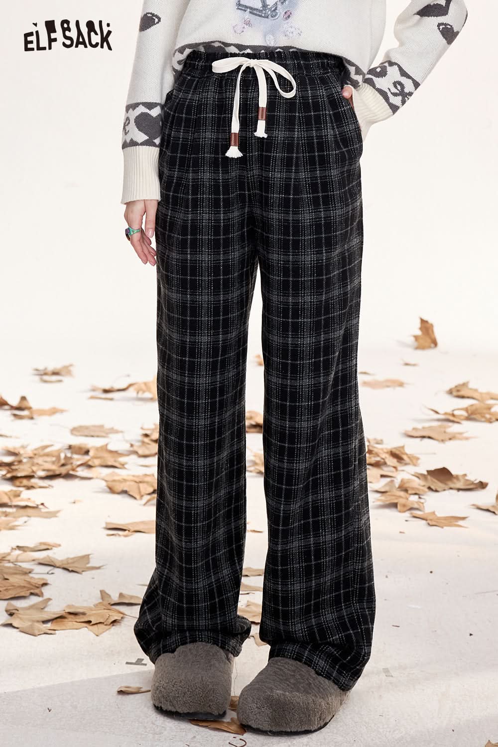ELFSACK Retro plaid casual straight pants, loose, slim, wide-leg
