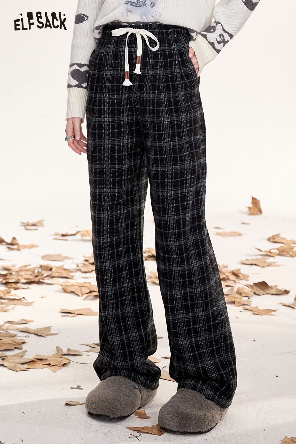 ELFSACK Retro plaid casual straight pants, loose, slim, wide-leg