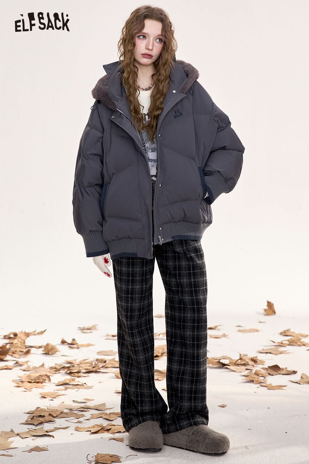 ELFSACK Retro plaid casual straight pants, loose, slim, wide-leg