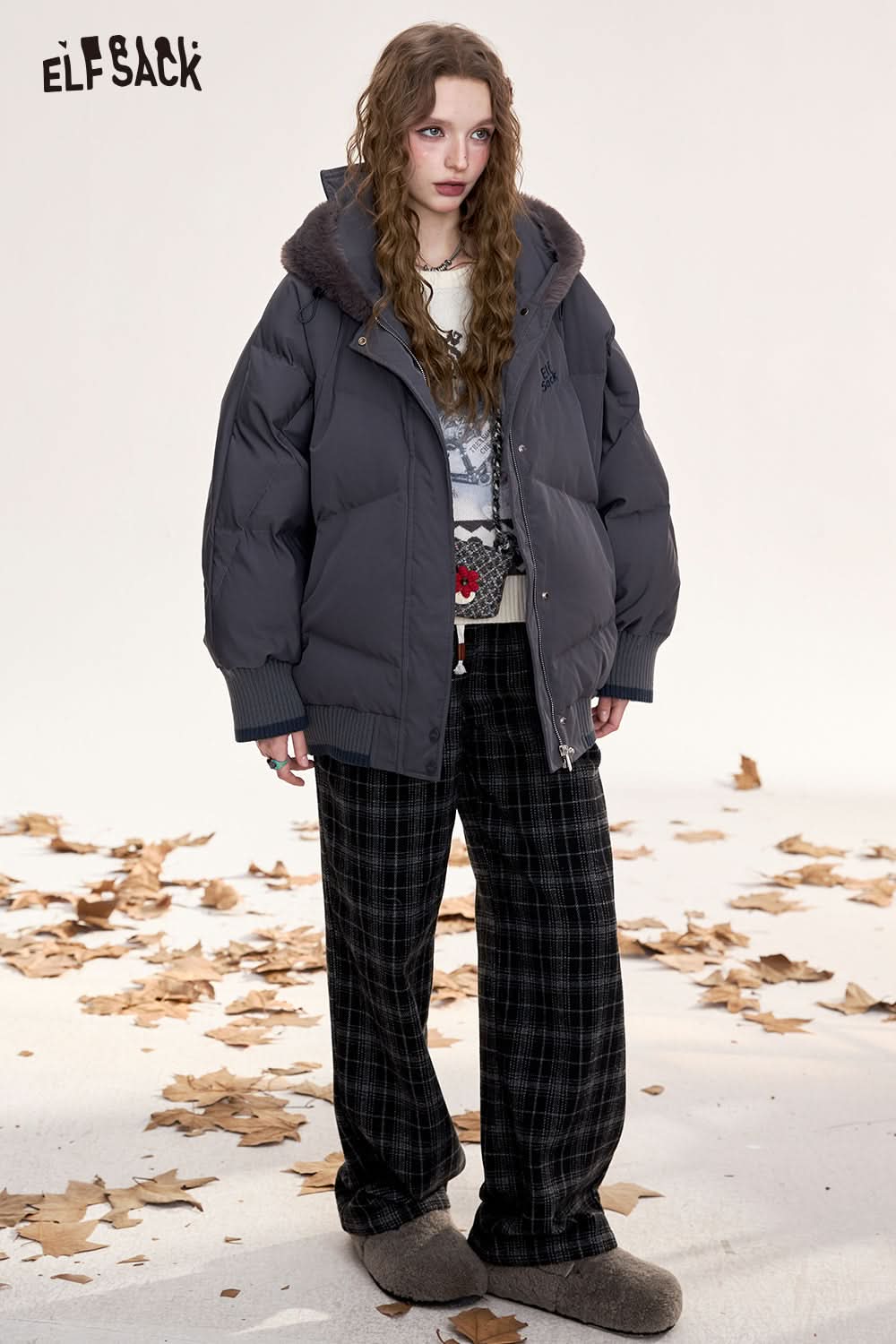 ELFSACK Retro plaid casual straight pants, loose, slim, wide-leg