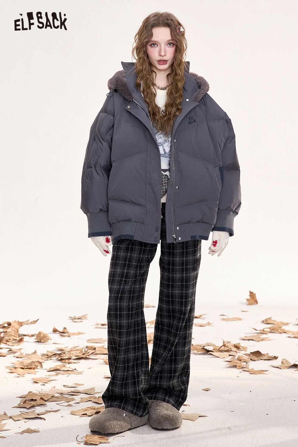 ELFSACK Retro plaid casual straight pants, loose, slim, wide-leg