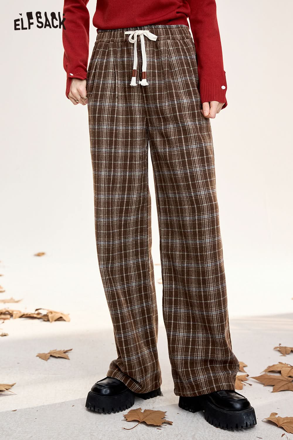 ELFSACK Retro plaid casual straight pants, loose, slim, wide-leg