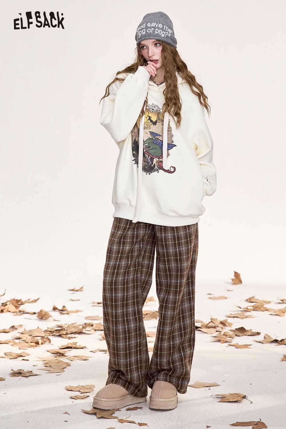 ELFSACK Retro plaid casual straight pants, loose, slim, wide-leg