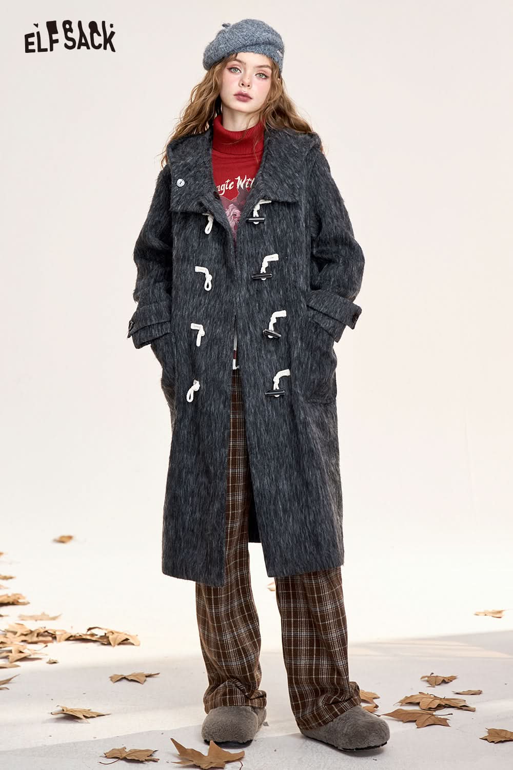 ELFSACK Retro plaid casual straight pants, loose, slim, wide-leg