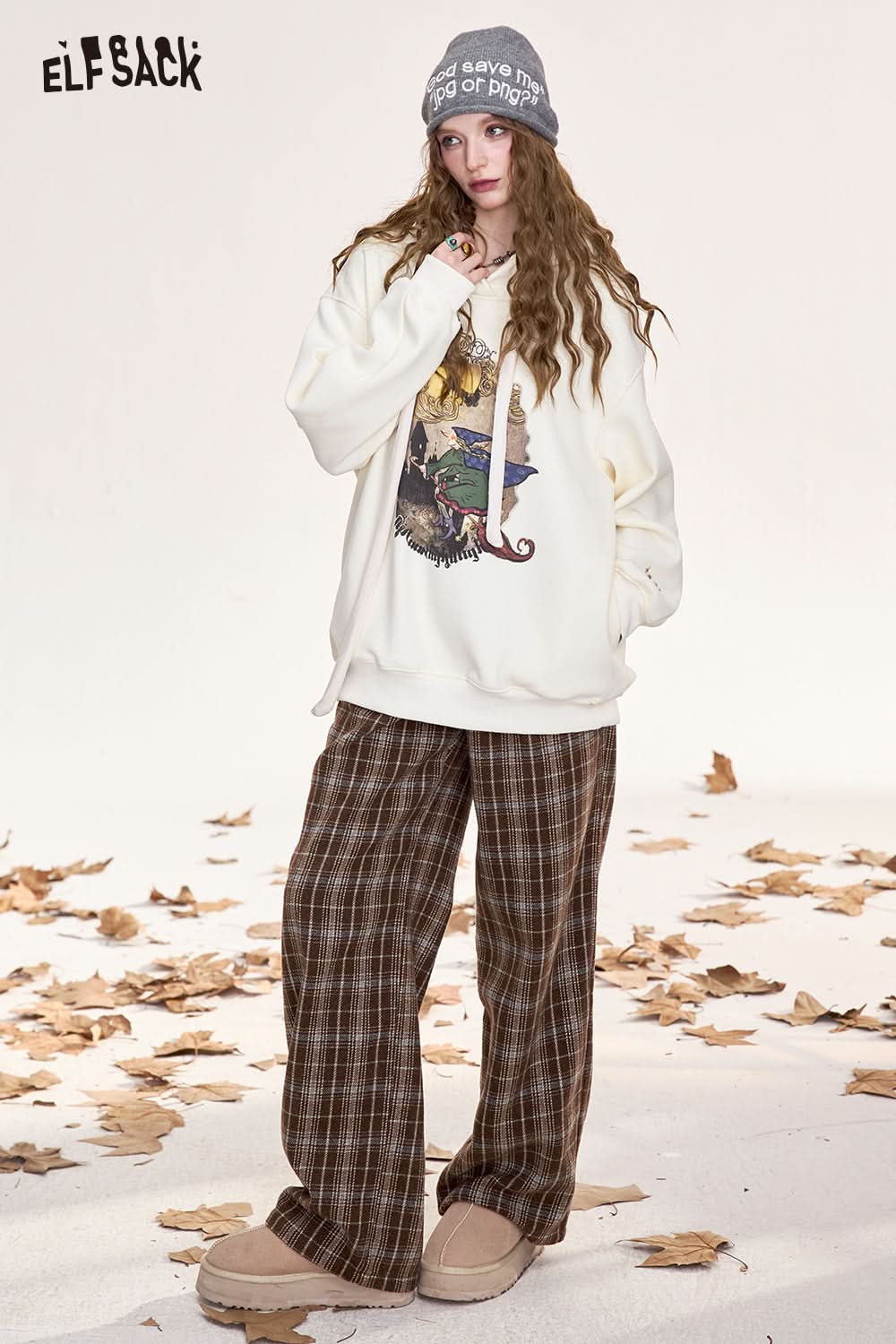 ELFSACK Retro plaid casual straight pants, loose, slim, wide-leg