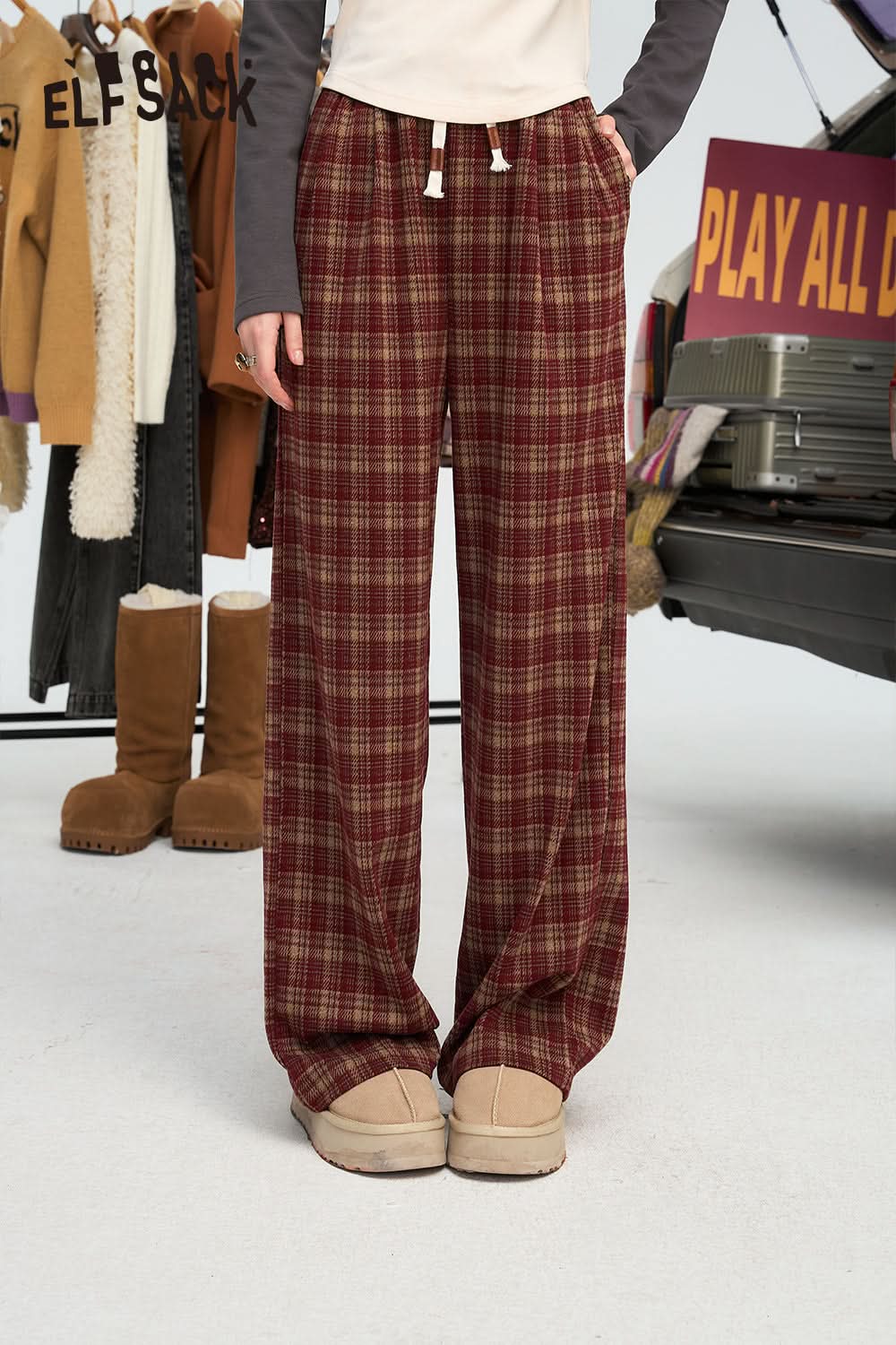ELFSACK Angela Red Retro Loose Plaid Pants
