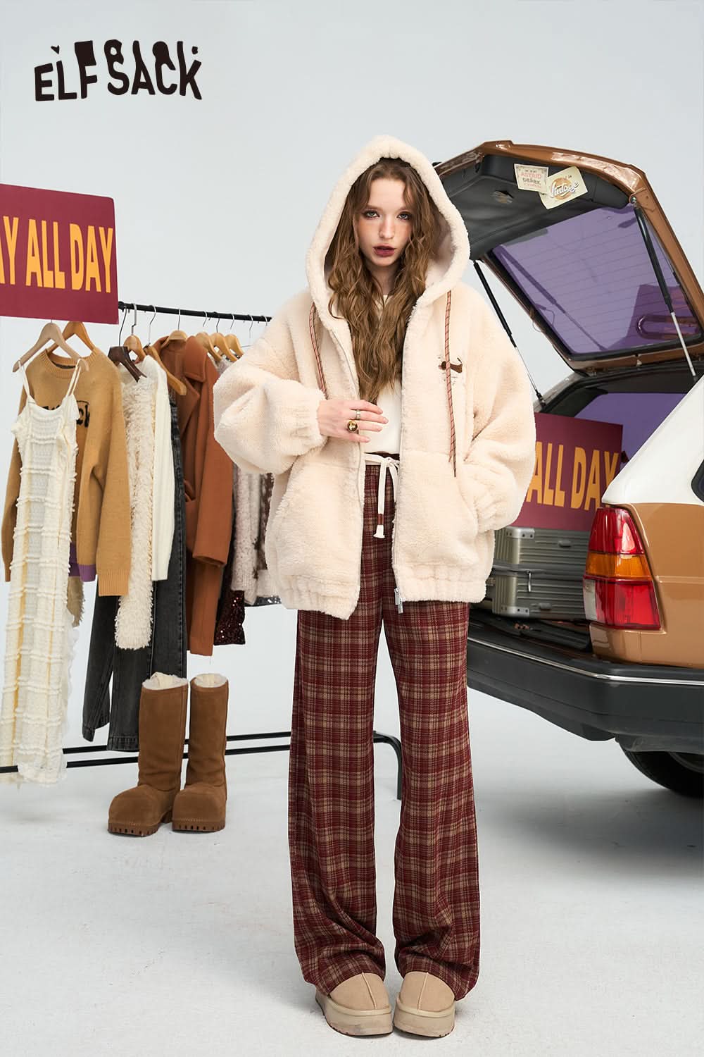 ELFSACK Angela Red Retro Loose Plaid Pants