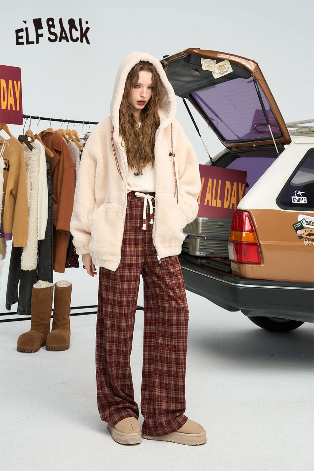 ELFSACK Angela Red Retro Loose Plaid Pants