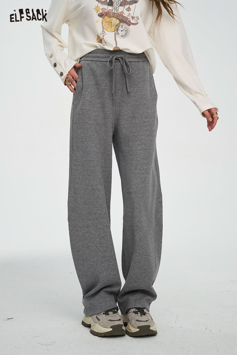 ELFSACK Lazy Style Casual Straight Leg Pants Wide Leg Loose Slim Fit