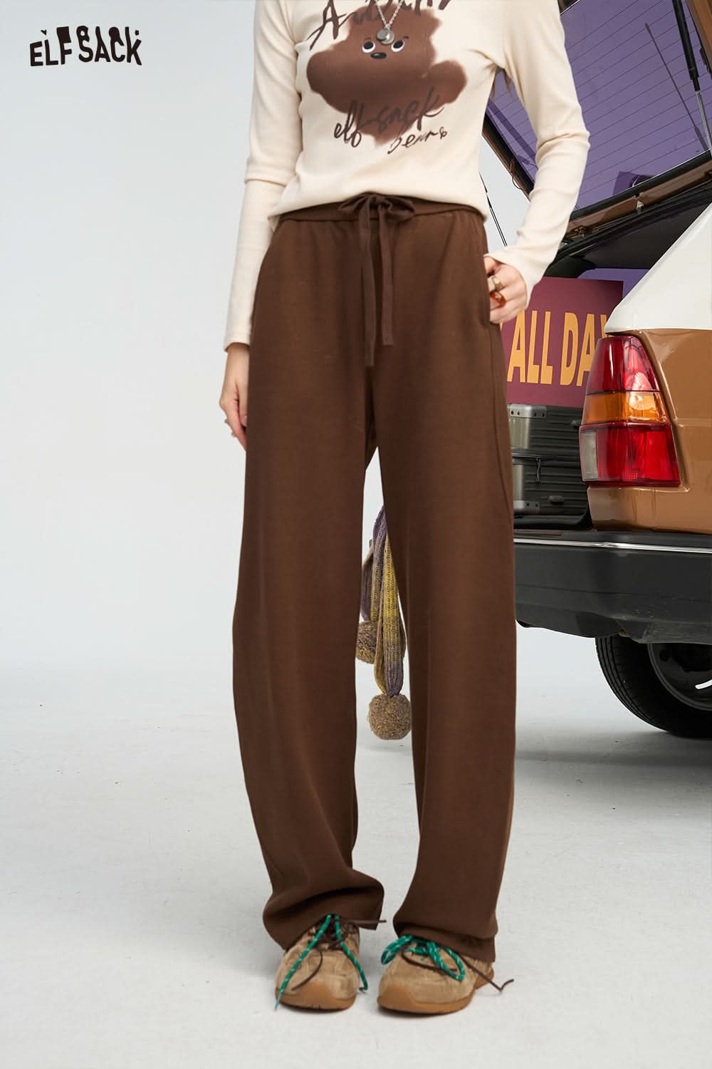 ELFSACK Lazy Style Casual Straight Leg Pants Wide Leg Loose Slim Fit