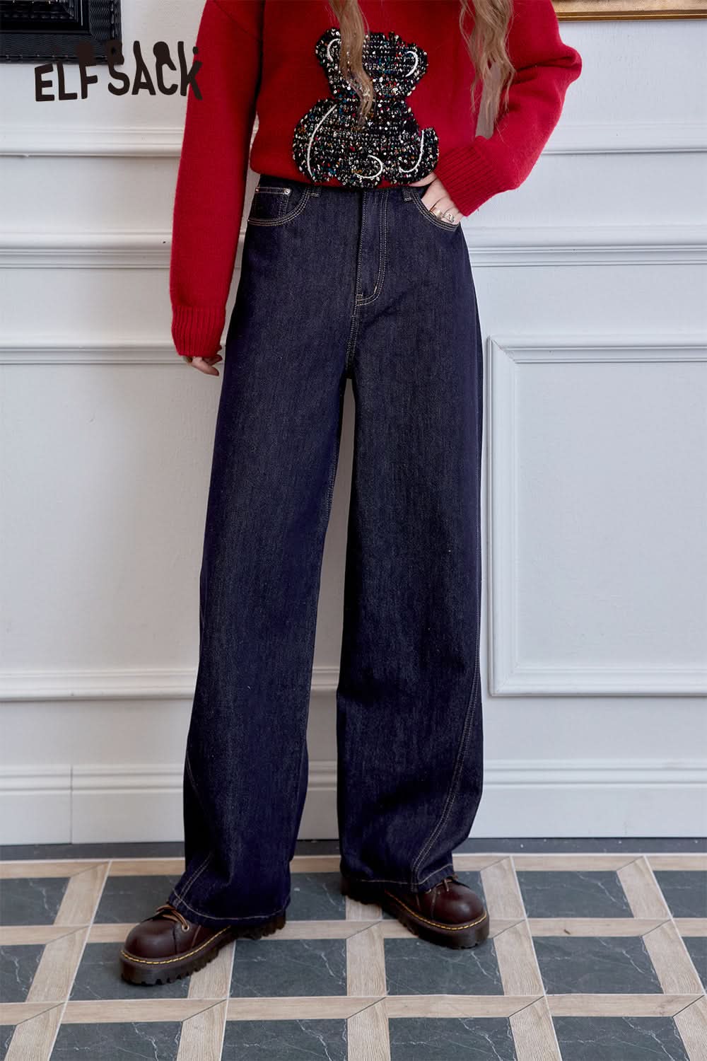 ELFSACK Retro American straight leg jeans, loose wide leg pants